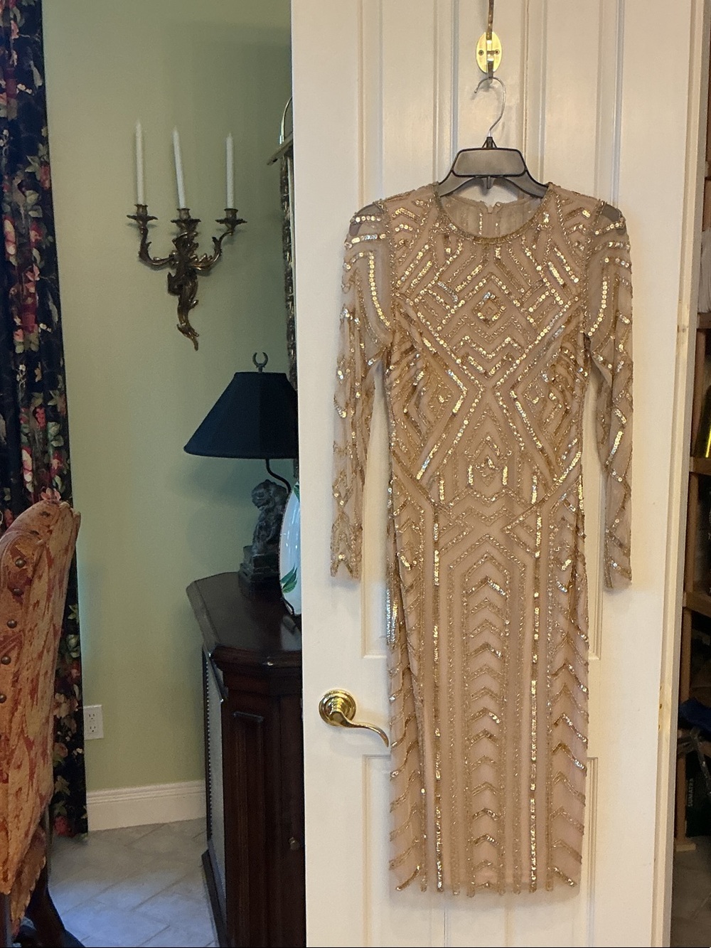 Gianni Bini Nude Long-Sleeve Beaded Sheath Dress